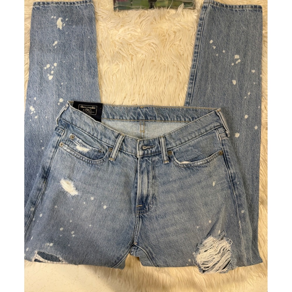Abercrombie & Fitch Light Wash Paint Splatter Distressed High Rise Mom Jeans 27